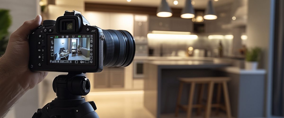 Camera viewfinder showing an interior photography shot of a modern kitchen, highlighting the process of professional real estate and home staging photography