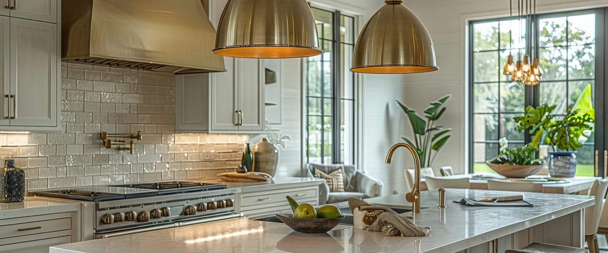 Elegantly Staged Kitchen with White Stone Countertops, Ceramic Tile Backsplash, and Modern Brass Light Pendants