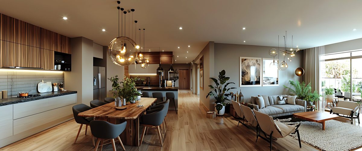 A sleek open-plan living area with a dining space and kitchen creates a warm, inviting environment.